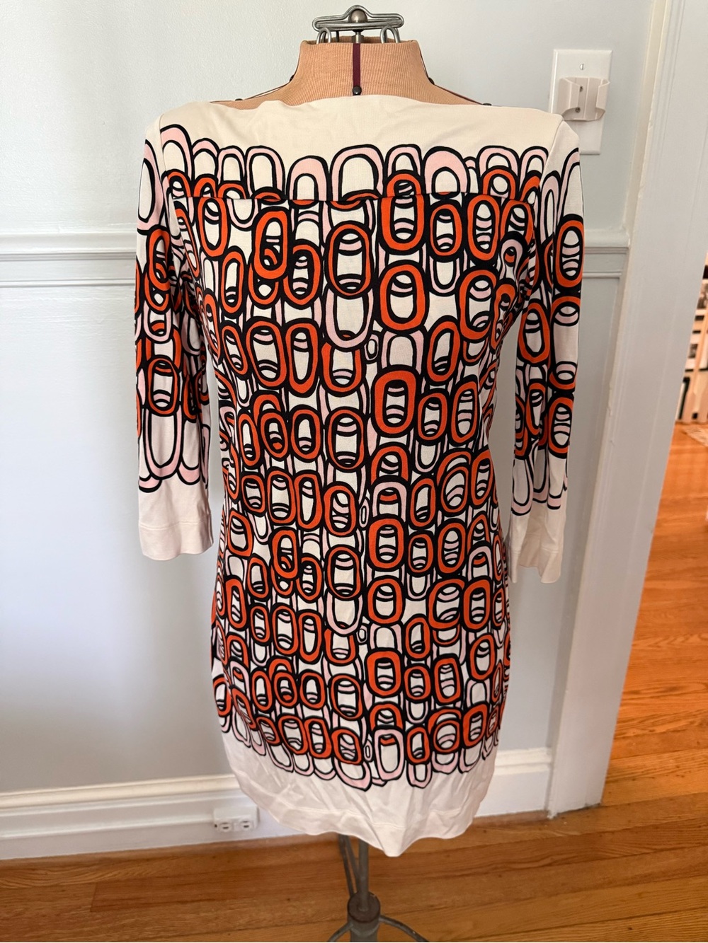 Diane Von Furstenberg Orange and Cream Geometric Long Sleeve Boatneck Dress